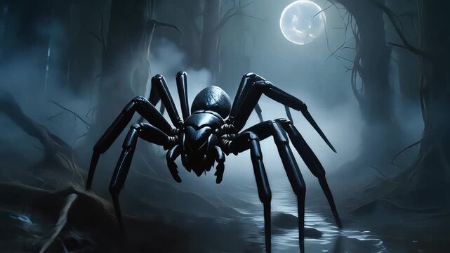 Massive black spider creeps through a dark foggy forest in this cinematic horror movie animation clip for spooky night themes