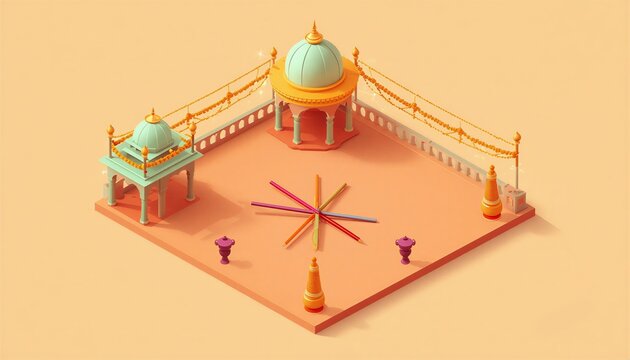 2.5D Isometric Flat Vector Illustration of Festive Navratri Village Pavilion