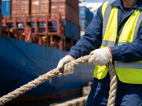 Industrial dock worker in high visibility safety vest pulling heavy marine rope to secure large container ship alongside commercial harbor shipping terminal.