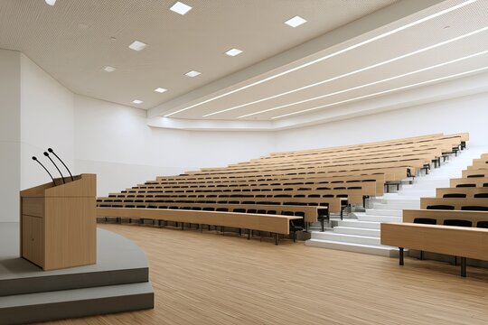 Empty modern lecture hall with tiered seating and a podium at the front