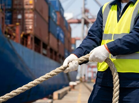 Port worker in reflective safety vest pulling thick marine mooring rope on commercial cargo shipping dock to secure container vessel near harbor terminal.