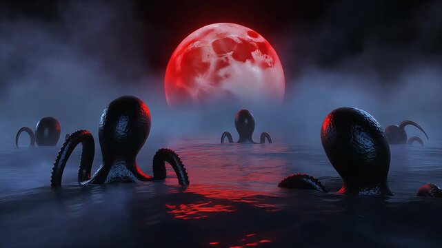 Giant mysterious octopuses emerging from dark ocean waves under a glowing red moon in this haunting cinematic 3d motion animation
