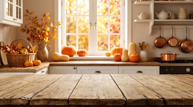 Warm autumn kitchen setting with pumpkins squash gourds basket and fall leaves on wooden table by window with colorful trees outside.
