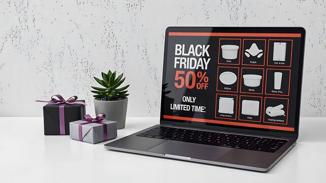 Laptop displaying black friday sale promotion with shopping gifts and discount advertising concept