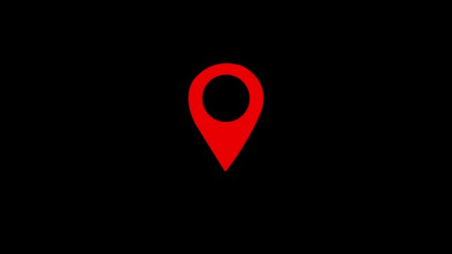 Solid red map pin pointer icon with black center cutout for GPS location, travel destination, and navigation