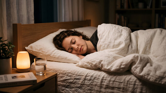 Woman sleeping peacefully in bed under duvet next to glowing nightstand lamp at night