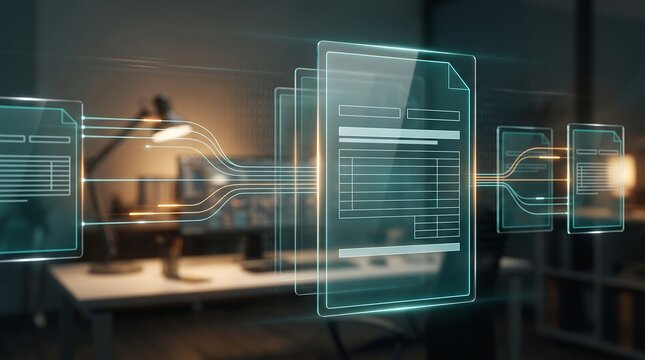 Professional digital document processing concept with holographic files floating over a desk indicating automated data entry and cloud based information management systems for business