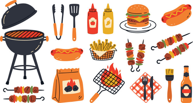 Barbecue grill food collection featuring burgers sausages skewers fries condiments utensils and outdoor cooking accessories