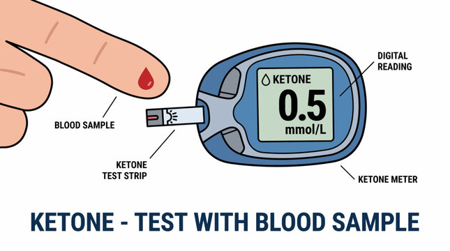 Medical vector illustration explaining ketone blood test procedure with a meter, test strip, and blood sample from a finger prick, suitable for health and diet concepts.