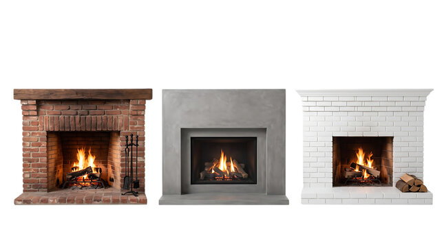 Three fireplaces burning wood logs with light colored fireplace isolated on transparent background
