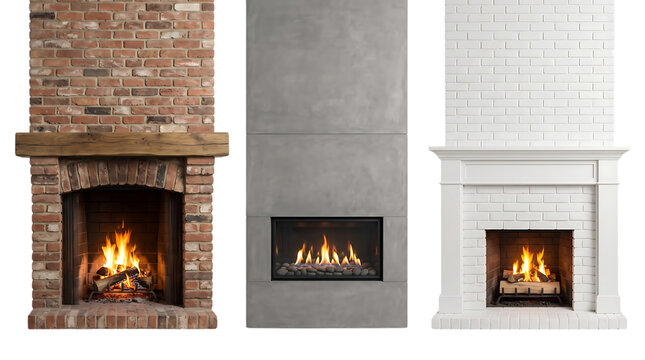 Three fireplaces with burning flames in different brick styles on transparent background