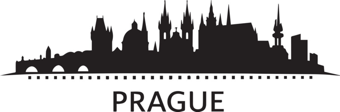 Minimalist black and white graphic design featuring the iconic city skyline of prague in a distinct artistic silhouette