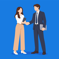 Fototapeta premium Shaking Hand With Colleague Beautiful Woman Office Worker Pose in Faceless Flat Minimalist Illustration