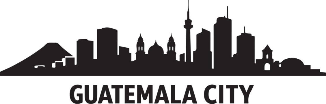 Minimalist black and white skyline illustration of guatemala city featuring a distinctive and clean graphic art silhouette