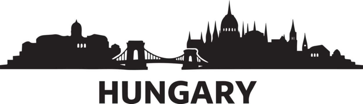 Black and white graphic illustration of the budapest city skyline featuring a minimalist artistic design silhouette