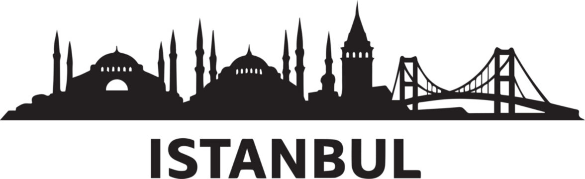 Minimalist black and white graphic design featuring the famous city skyline of istanbul in a creative silhouette