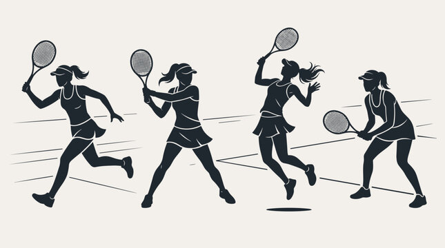 Tennis player silhouette vector set with serve forehand and backhand collection
