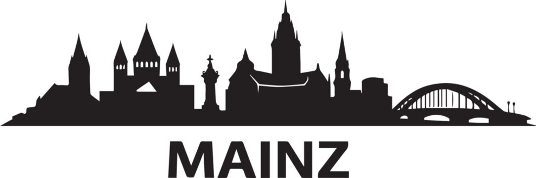 Detailed black and white cityscape of the german city of mainz presented as a minimalist graphic silhouette