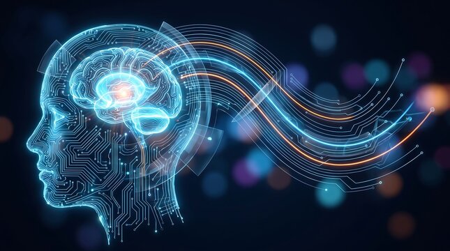 Glowing artificial intelligence brain profile composed of complex electronic circuits and neural network pathways representing advanced machine learning and cognitive computing technology