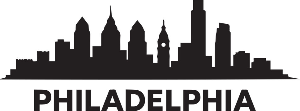 Minimalist black and white graphic design featuring the iconic philadelphia city skyline in a bold artistic silhouette