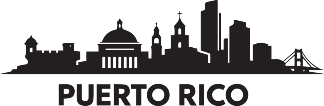 Detailed black and white graphic illustration of the san juan puerto rico city skyline in a minimalist silhouette