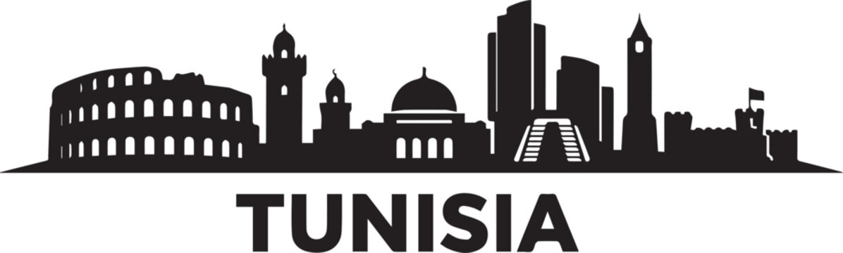 Minimalist black and white graphic illustration of the famous city skyline of tunisia in a clean silhouette