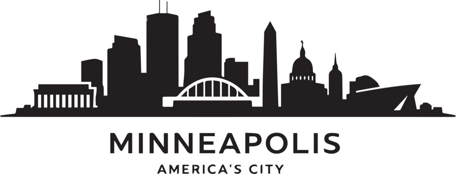 Minimalist graphic design featuring the iconic minneapolis city skyline depicted in a clean black and white silhouette