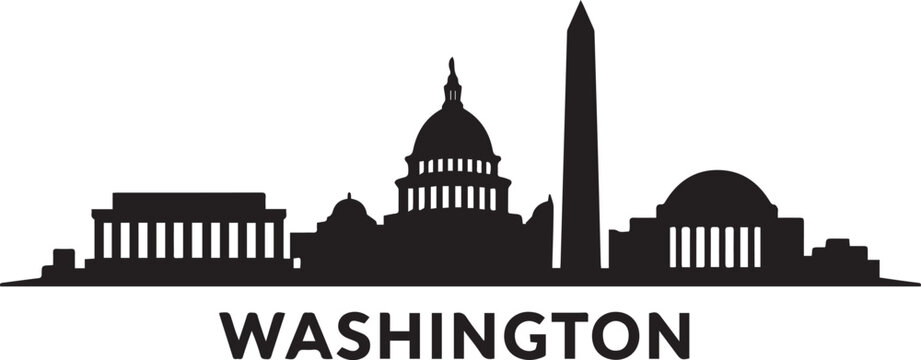 Minimalist black and white graphic illustration of the famous washington dc city skyline featuring a bold silhouette