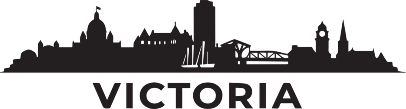 Minimalist black and white graphic design featuring the iconic city skyline of victoria canada in a clean silhouette