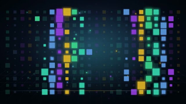 Abstract digital data stream with glowing colorful pixels moving on a dark technological background