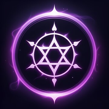 Mystical hexagram star symbol inside a glowing purple circular frame representing cultural legacy spiritual harmony and a magic spell for transformation and traditional wisdom.