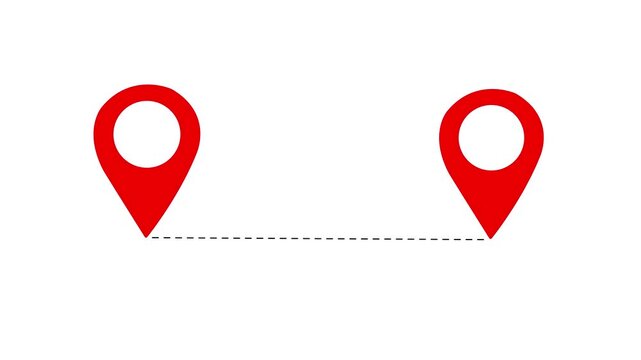 Two red map pin pointers connected by horizontal dashed route line for GPS navigation, distance tracking, and location path