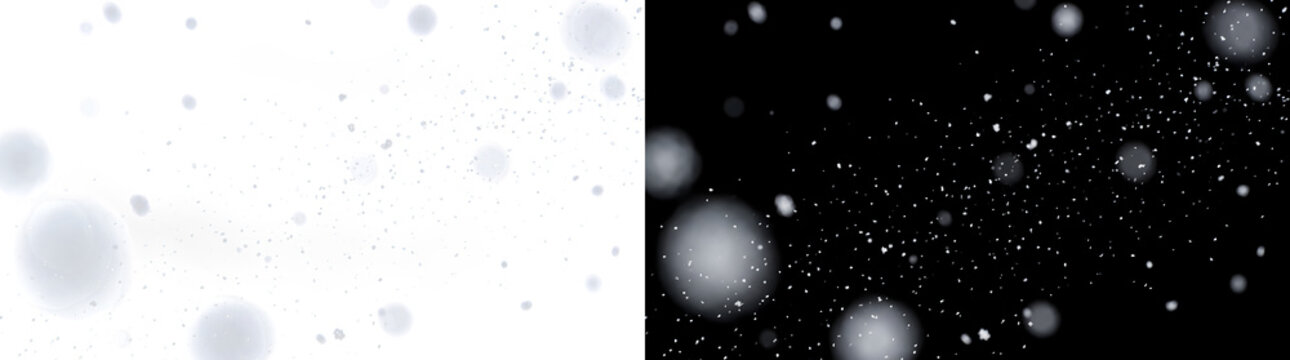 Snow overlay of falling snowflakes with large blurred bokeh orbs in PNG, Transparent and Black Background Versions for winter design