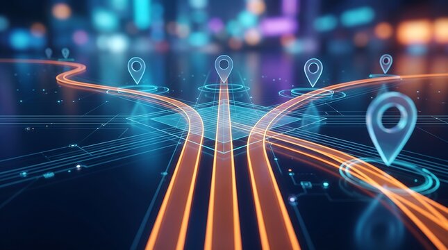 Glowing orange data pathways on a circuit board platform with map pin icons representing logistics and geographical tracking systems in a modern digital infrastructure environment