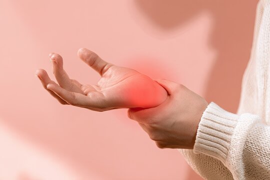 Hand and wrist pain highlighted by red area, close-up on pink background
