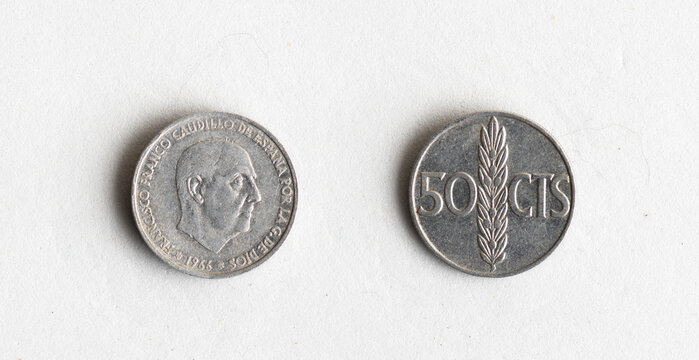 Spain 50 Centimos Coin 1966 Featuring Francisco Franco and Wheat Ear Design Isolated on White Background