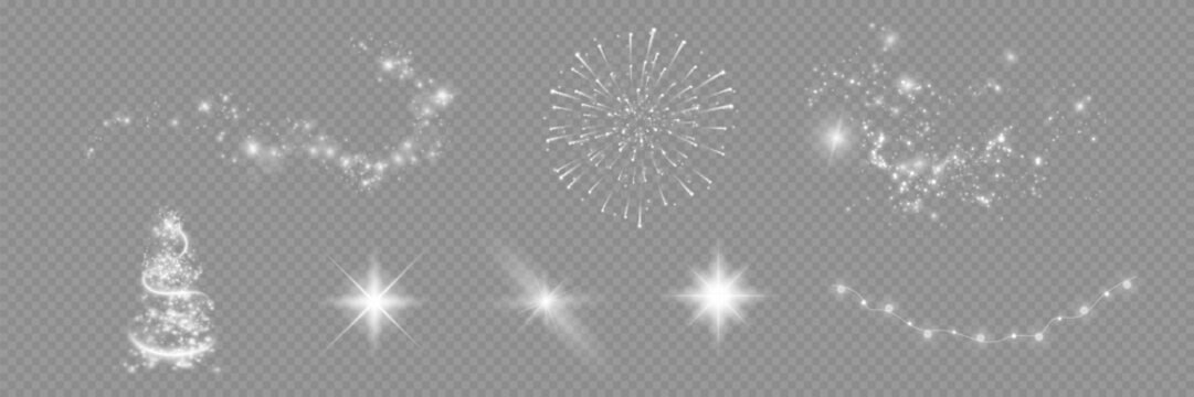 Eight decorative elements are presented on a transparent background, creating an atmosphere of magic, celebration, and winter radiance. Each can be used to decorate cards, banners, illustrations, or d