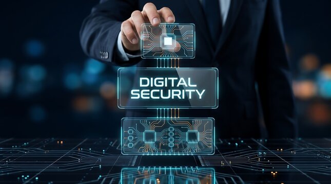 Professional business person hand touching digital security interface panel with integrated circuit schematics showing protection of sensitive information and corporate data assets