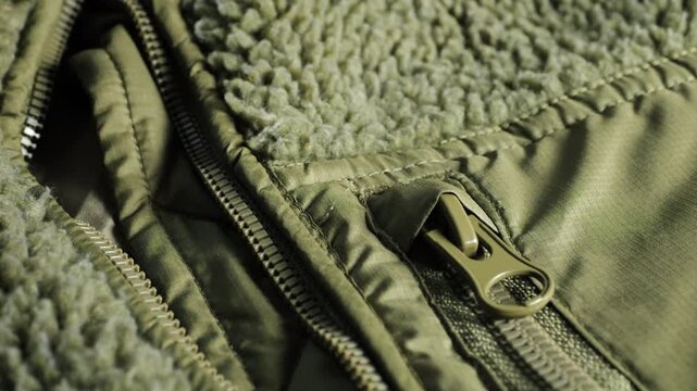 A close-up of an olive green warm jacket with dual zippers reveals a thick khaki boucle fabric, faux shearling lining, heavy winter garment details, and textured sherpa sheepskin imitation.