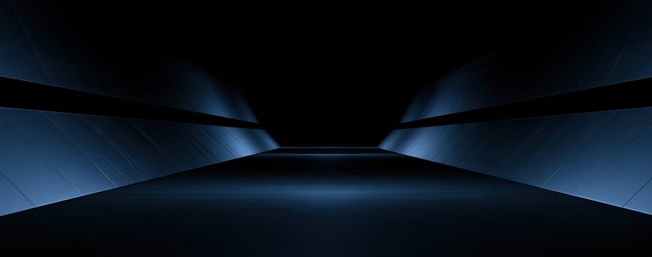 Futuristic dark blue corridor with light streaks vanishing into the distance