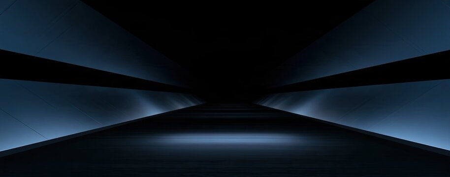 Dark, abstract geometric corridor with blue-lit panels receding into shadow