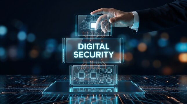 Hand of a professional businessman interacting with a floating digital security interface displaying system architecture and integrated circuit panels for data protection
