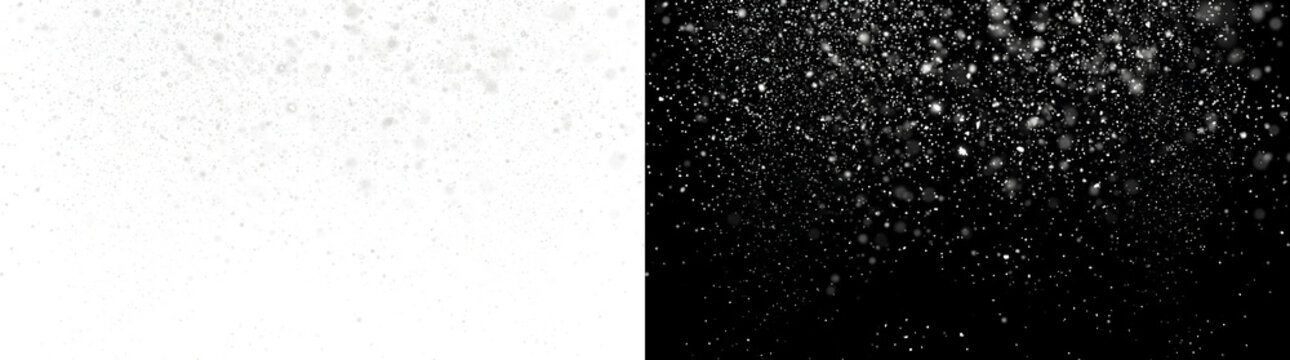 Snow overlay of falling snowflakes with diagonal density gradient in PNG, Transparent and Black Background Versions for design