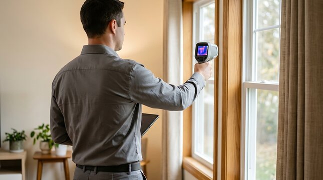 Professional home inspector using thermal imaging camera to check window insulation and energy efficiency inside modern house living room with tablet in hand.