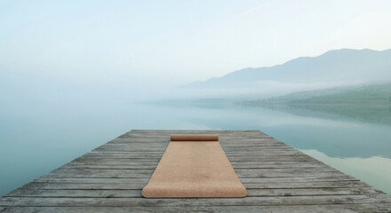 Obraz premium A solitary yoga mat is placed on a wooden dock overlooking a serene lake with misty mountains in the background. The peaceful setting invites relaxation and meditation.