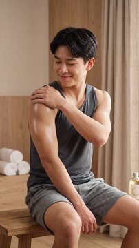 Young Asian male applying herbal oil to sore shoulder
