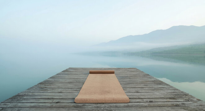 A solitary yoga mat is placed on a wooden dock overlooking a serene lake with misty mountains in the background. The peaceful setting invites relaxation and meditation.