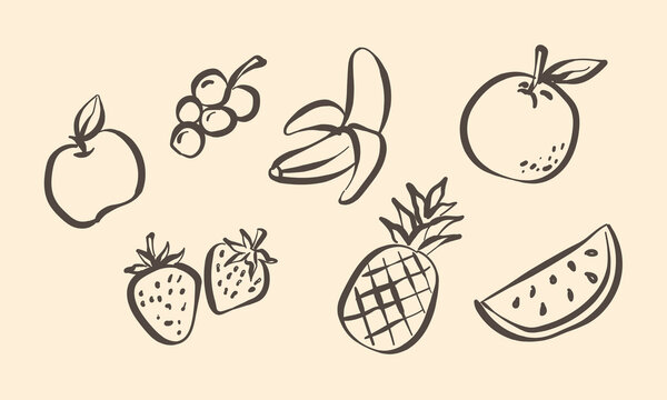 hand drawn fruit doodle collection seamless tropical fruit set apple grape banana orange pineapple strawberry watermelon vector illustration