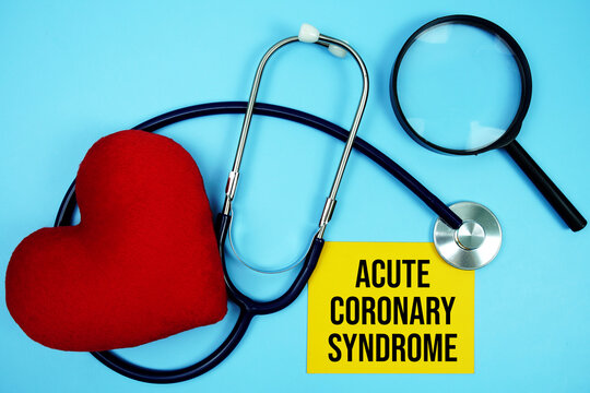 Acute Coronary Syndrome (ACH) text with stethoscope and red heart on blue background