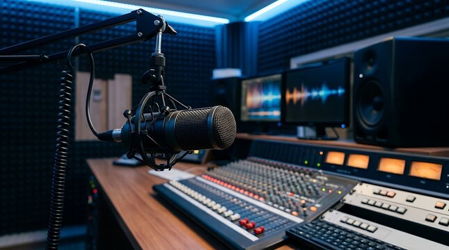 Black condenser microphone in shock mount extends from boom arm over analog mixing console inside modern soundproof podcast studio with blue ambient lighting.